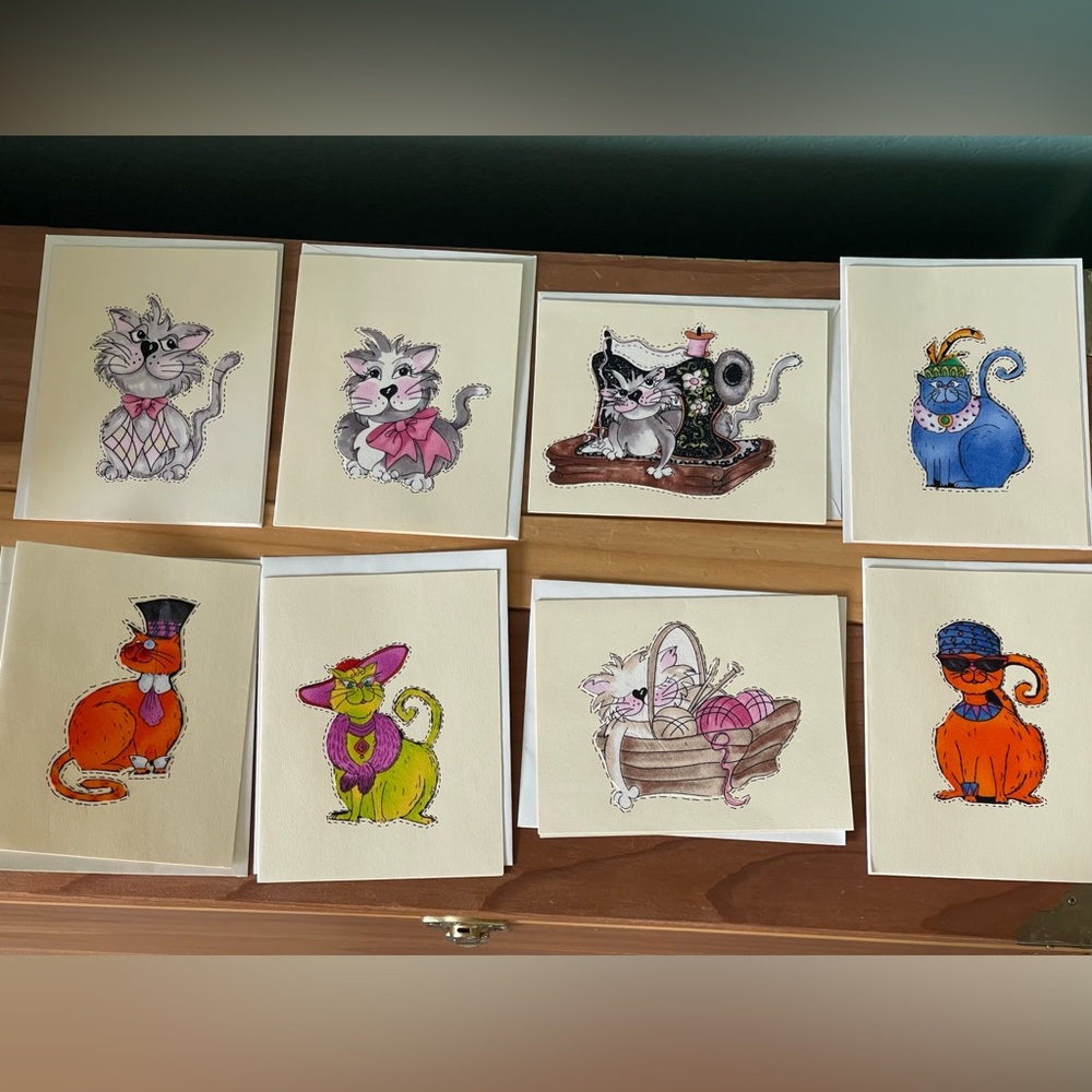 Postcards lot of 8 cards 8 envelopes with fabric cats appliques Vintage